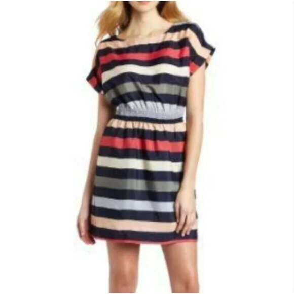 BCBGeneration Keyhole Back Dress Women's Size Small Stripe Smocked Waist Pockets - Picture 2 of 10